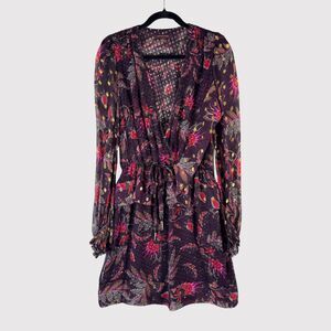 Marchesa Voyage Womens Dress Purple Floral Mini Puffed V Neck A Line Boho Size 4